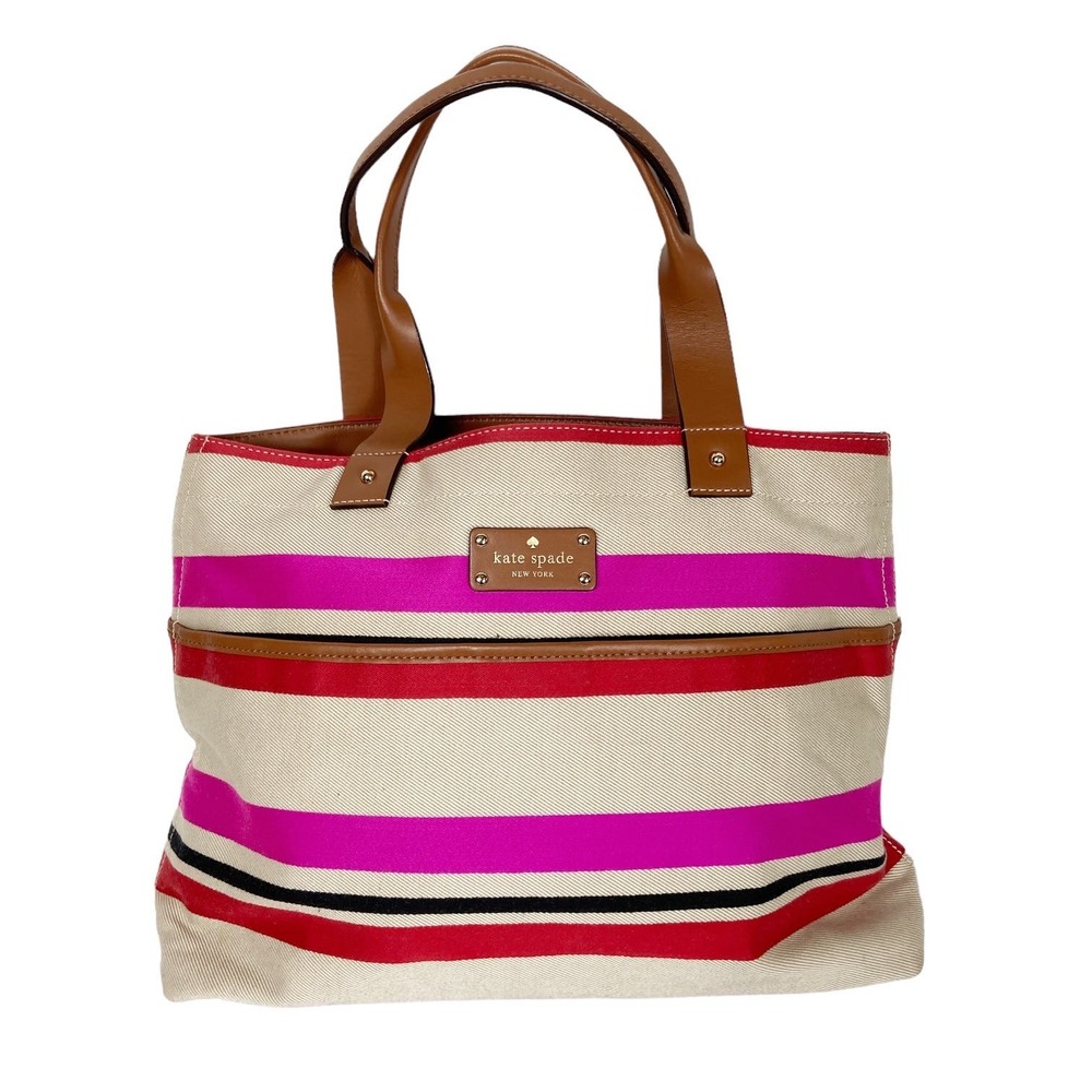 Kate Spade Oak Island Stripe Tote Bag Soft Canvas Tan Pink Large